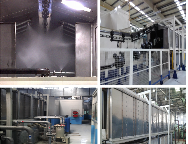 ATG process photography showing a spray pretreatment tunnel and associated conveyor equipment.